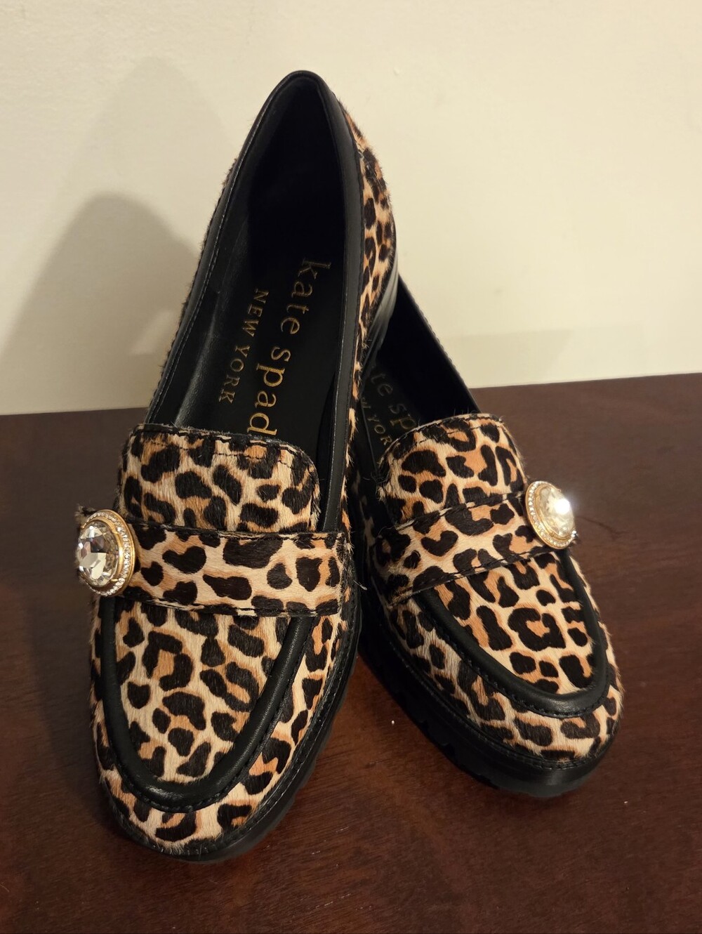 kate spade Leopard Print Jeweled Penny Loafers - Brown/Black,Size 6.5B - Picture 3 of 14